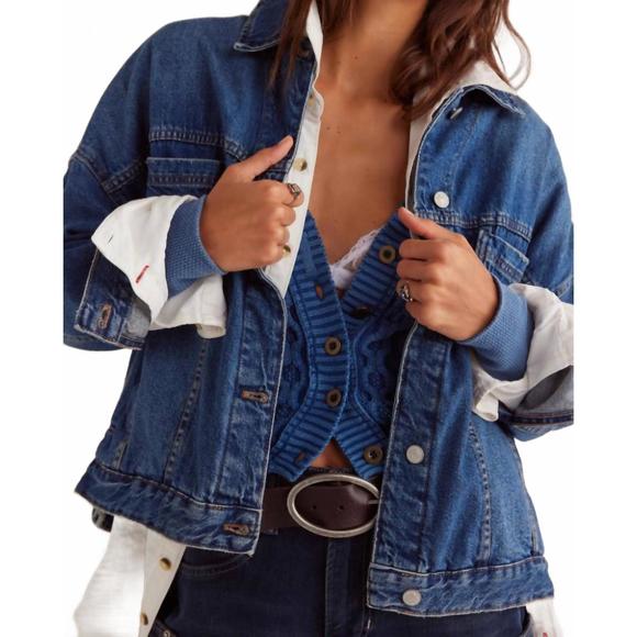 NEW FREE PEOPLE opal swing denim jacket in got the blues - Picture 1 of 4